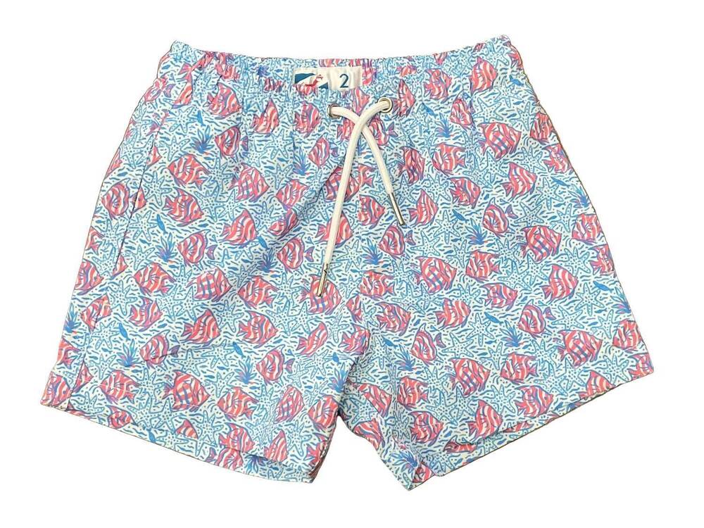 NEW BERMIES boys coral fish swimsuit trunk in light blue
